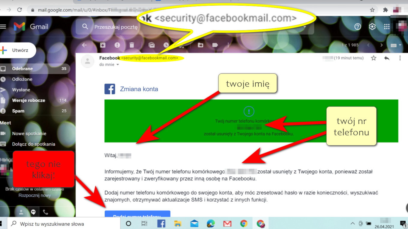 Wyłudzenie danych z Facebooka przez mail